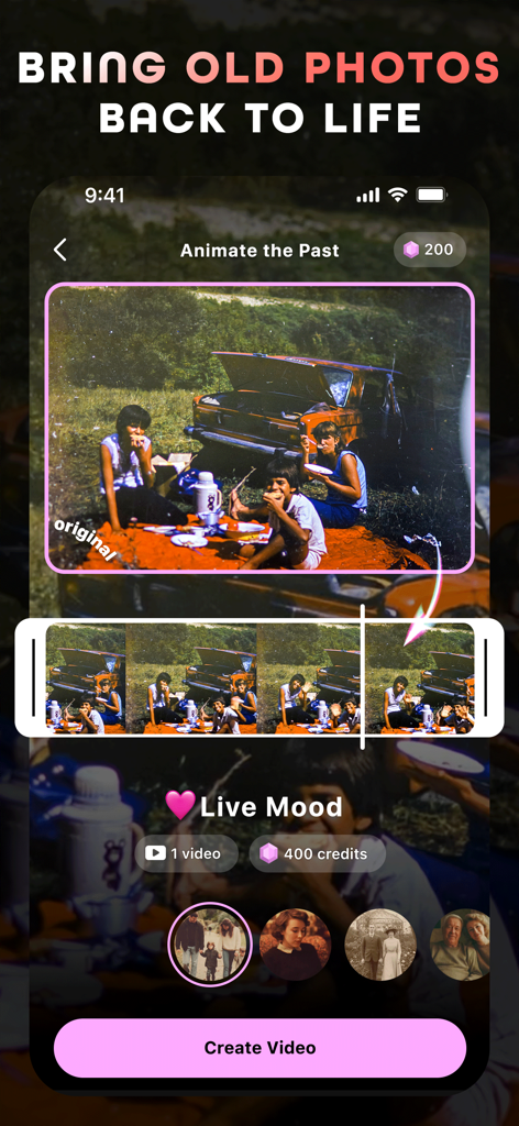 AI Maker: Photo Art Generator - Interfaz de la aplicación AI Maker que muestra la función Animar el Pasado para convertir fotos antiguas en videos.