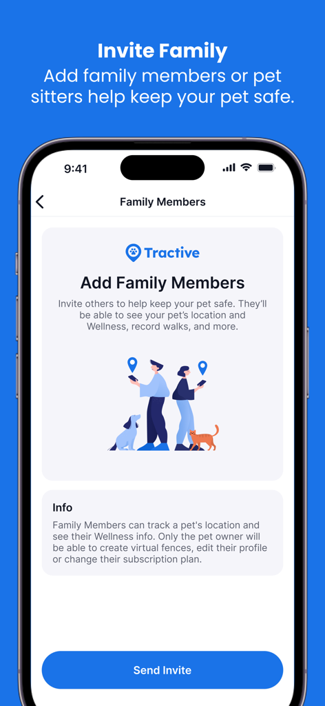 Interfaz de la app Tractive GPS para agregar miembros de la familia para rastrear la ubicación y el bienestar de la mascota