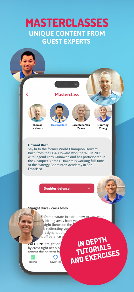 Benutzeroberfläche der Badminton Famly App, die Meisterkurs-Angebote von Gastexperten, Weltmeistern, zeigt.