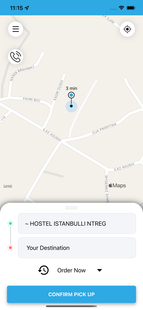Blue Taxi - Blue Taxi app interface showing a map with pickup location and a confirm pickup button