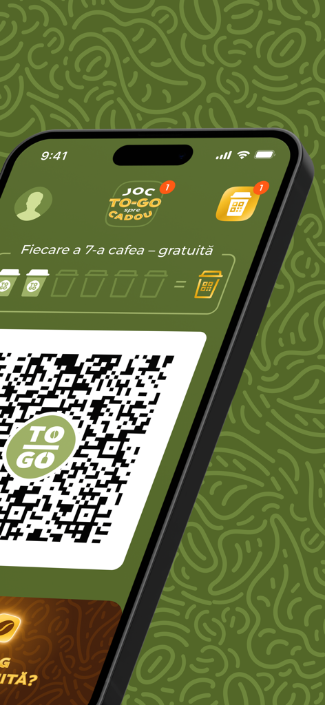 TO-GO Coffee - TO-GO Coffee app screen showing a loyalty QR code and progress bar for free coffee rewards.