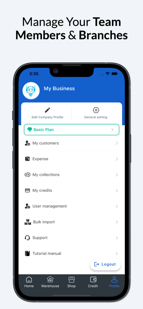 Naye Inventory Management App - Naye Inventory Management App profile screen for managing team members and business branches