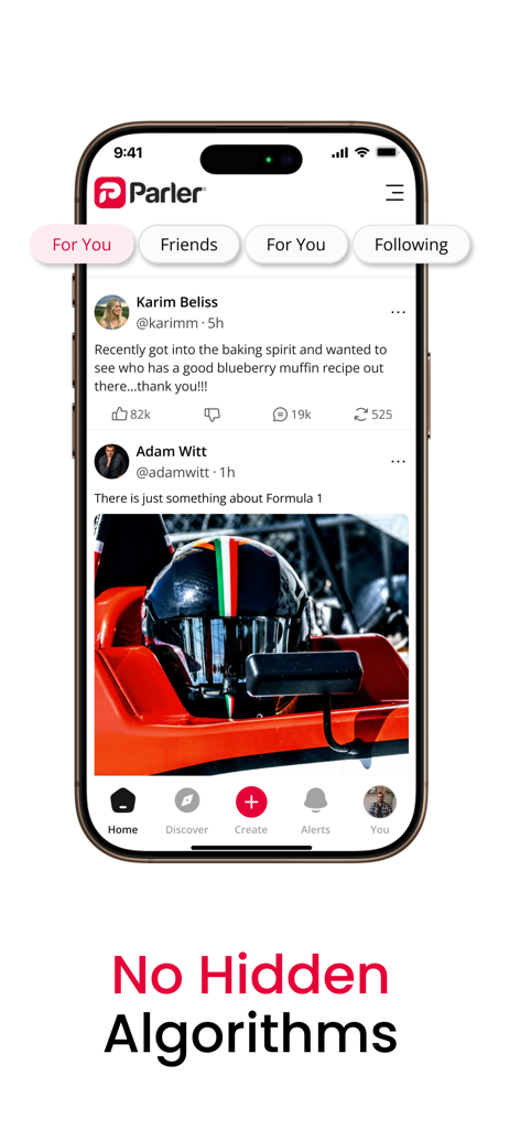 Parler app home screen showing social media posts with a slogan stating No Hidden Algorithms.