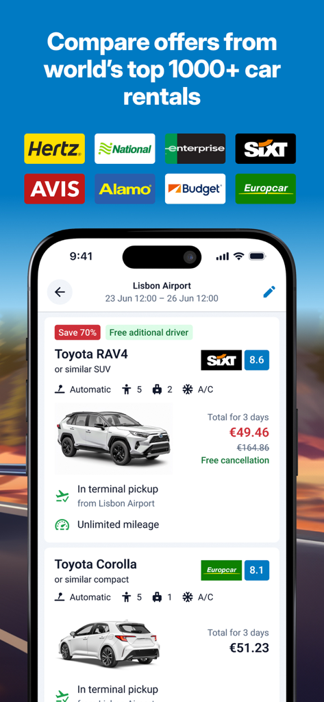 DiscoverCars－Car Rental & Hire - DiscoverCars app interface showing rental car search results at Lisbon Airport with comparison of top brands and car models
