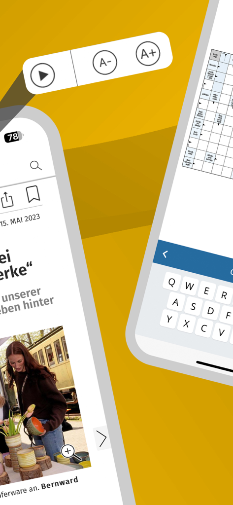 Braunschweiger Zeitung E-Paper app showing a news article with font size controls and an interactive crossword puzzle
