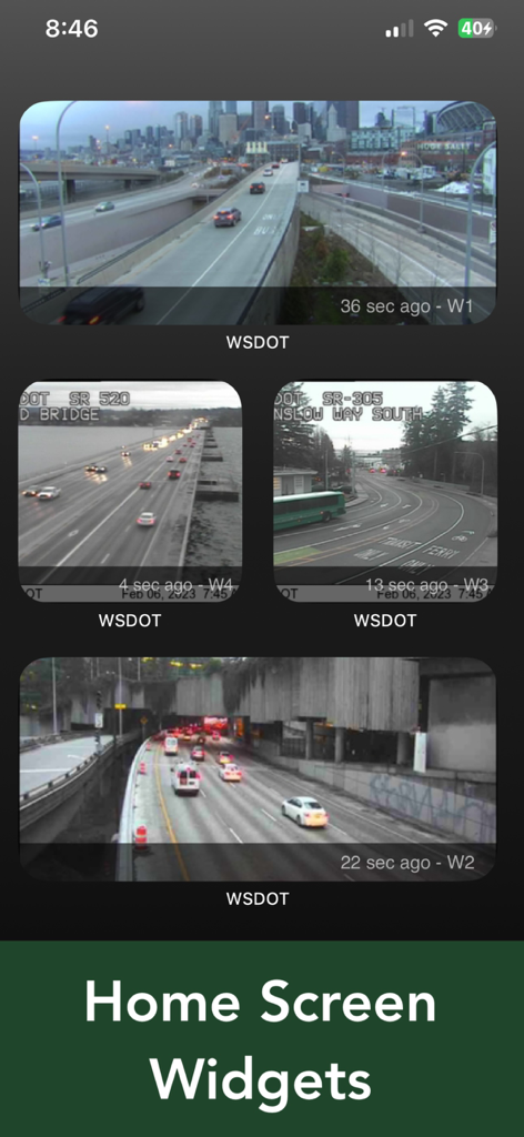 Washington Road Conditions - Four WSDOT traffic camera feeds displayed as home screen widgets on an iPhone