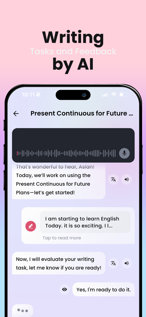 Interfaccia dell'app mobile che mostra un tutor AI di inglese che fornisce compiti di scrittura e feedback istantaneo su uno schermo dell'iPhone