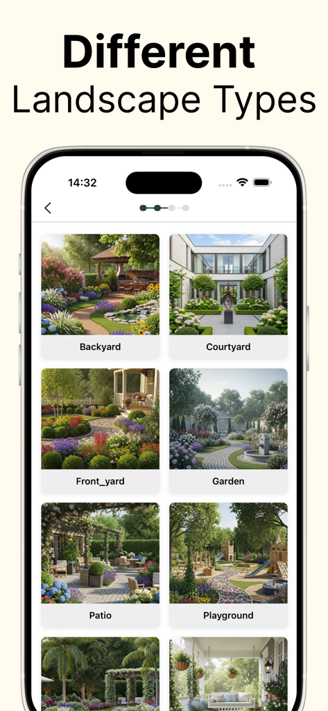 Landscape AI: Garden Designer - A mobile screen showing various landscape categories like Backyard, Courtyard, Front Yard, Garden, Patio, and Playground.