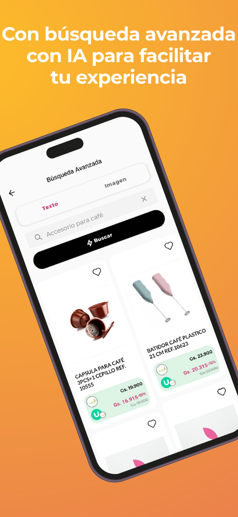 Rebuscate - Rebuscate app interface displaying AI powered advanced search results for coffee accessories with store price comparisons