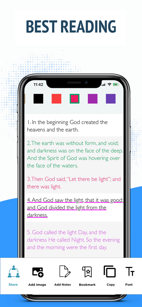 NASB Bible - NAS Holy Version - NASB聖書アプリのスクリーンショット。色分けされた聖句のハイライトと、メモやブックマークなどの学習ツールが表示されています。