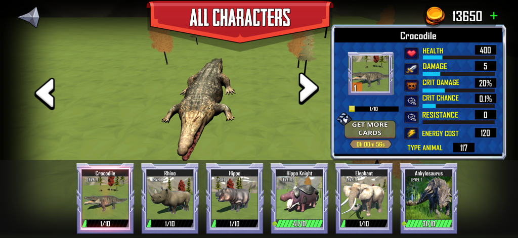 Charakterauswahlbildschirm in Animal battle ARBS mit einem Krokodil und Einheitenstatistiken
