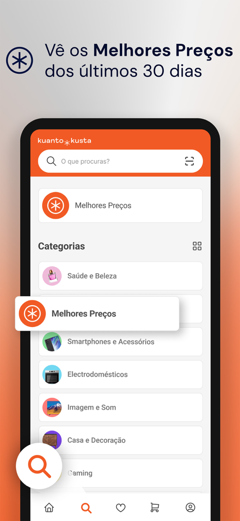 Kuantokusta - Interfaz de la aplicación KuantoKusta mostrando los mejores precios de los últimos 30 días y categorías de productos como teléfonos inteligentes y electrodomésticos.