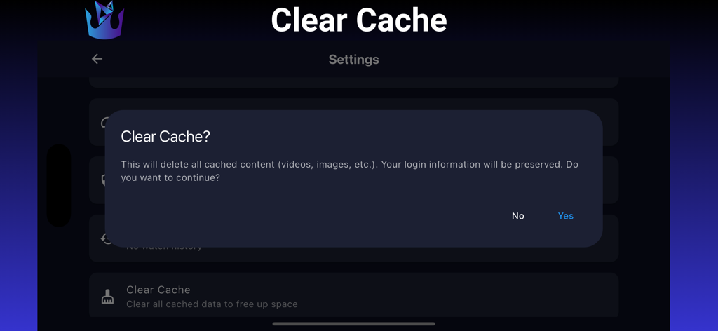 Clear cache confirmation dialog on the settings screen of the King Stream Player app