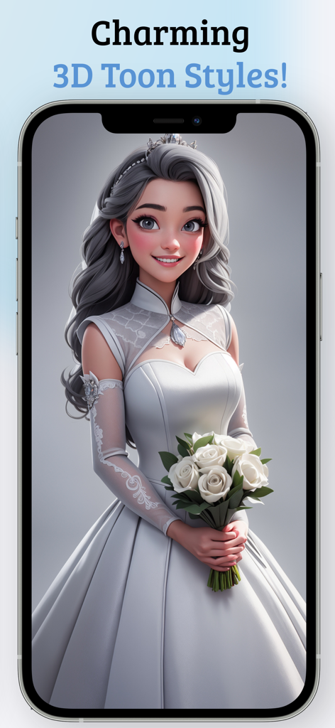 Charming 3D cartoon style AI generated avatar of a woman in a white dress