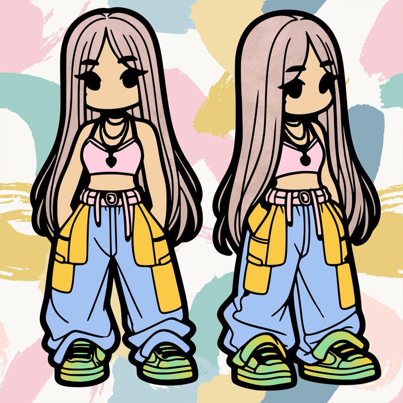 girl in baggy pants crop top and long hair