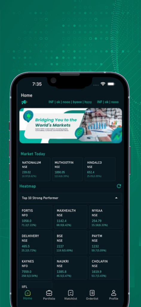 Flix Live app dashboard displaying top strong performing stocks and market trends