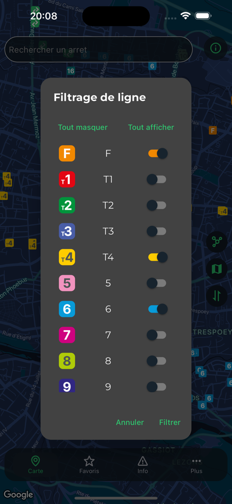 IDELight - IDELight app interface showing the bus line filtering menu over a dark mode transit map.