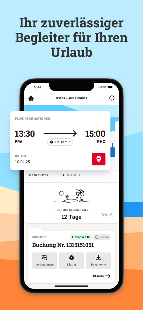 MyDERTOUR | Reisebegleiter - Mobile app interface of MyDERTOUR showing flight details and a holiday countdown for a trip to Rhodes