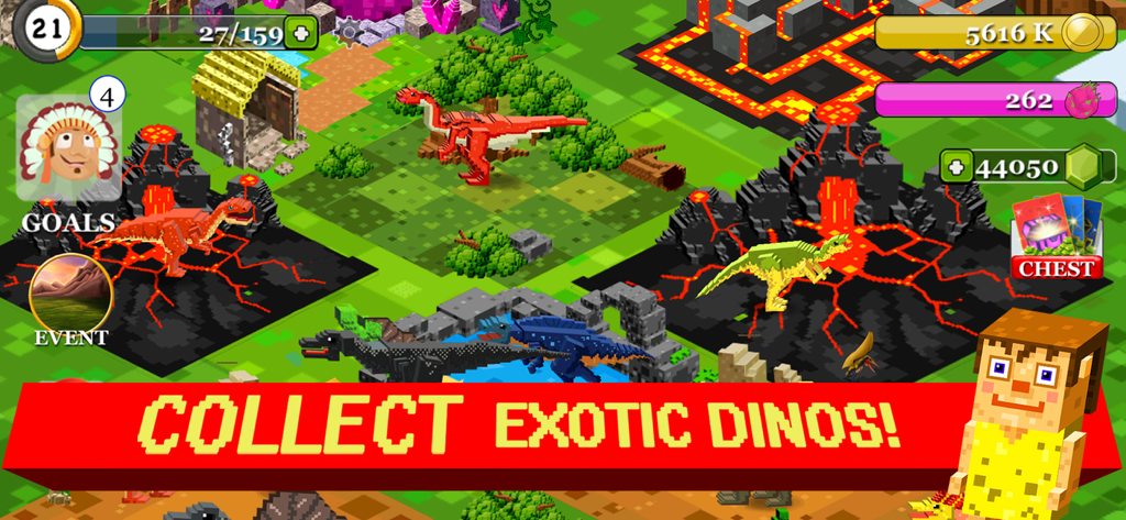 Voxel-style dinosaur park gameplay in Jurassic Pixel Dinosaur Craft featuring colorful dinosaurs and prehistoric habitats.