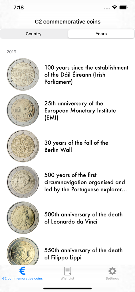 2 Euro coins - Une liste de pièces commémoratives de 2 Euros de 2019 avec des descriptions détaillées affichées dans l'application