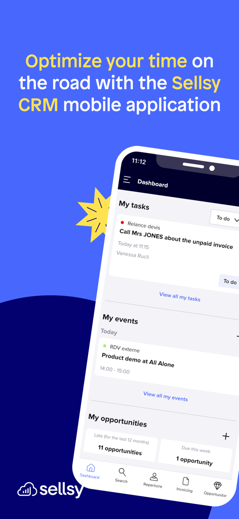 Sellsy CRM - Sellsy CRM mobile app dashboard displaying daily tasks events and sales opportunities