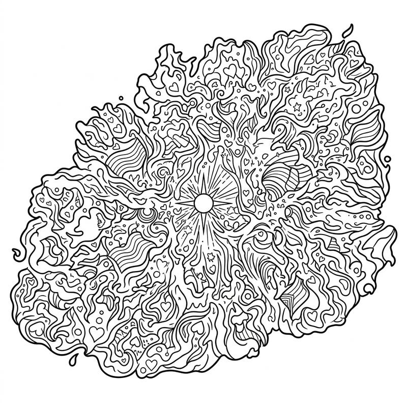 Dive into a celestial celebration with this intricate Crab Nebula coloring page, infused with the vibrant spirit of Pride Month. Discover swirling cosmic patterns, hidden hearts, and stars awaiting your creative touch.