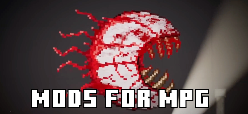 Mods For Playground Ragdoll 3D - Pixelated red monster head with sharp teeth and the text Mods for MPG