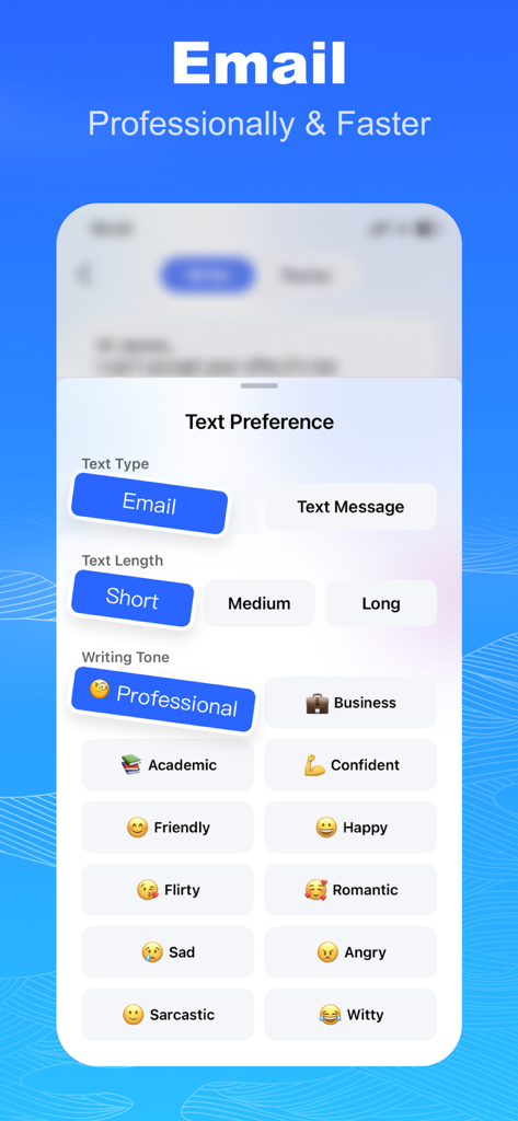 AI Keyboard - Grammar & Writer - AI keyboard text preference screen showing email length and tone selection options