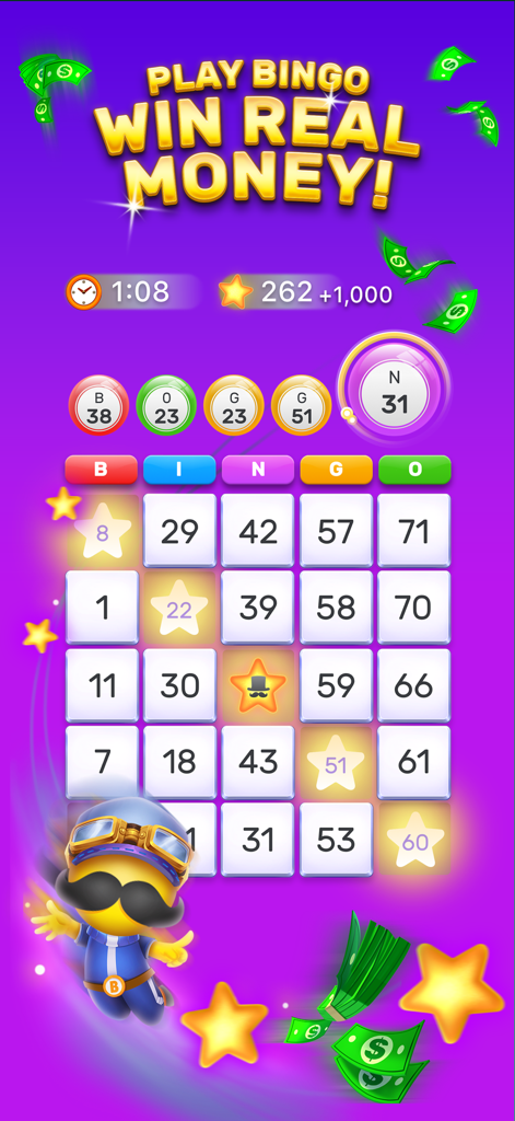 Bingo Stars mobile game screen showing a bingo card with the text Play Bingo Win Real Money