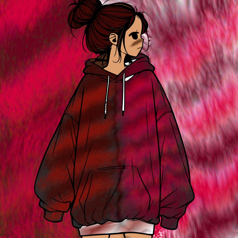 realistic girl with a oversized sweatshirt on and a bun