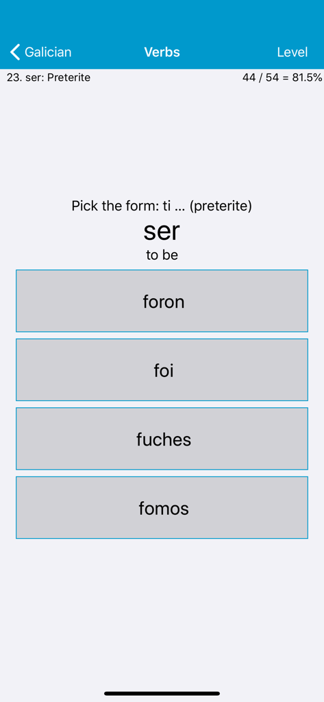 LP Galician - Multiple choice screen in the LP Galician app testing the preterite conjugation of the verb ser