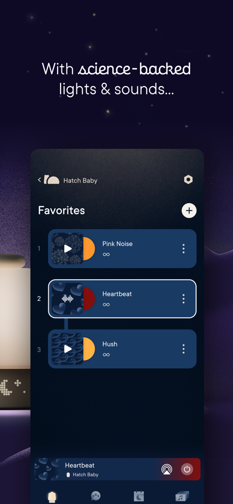 Hatch Sleep - Hatch Sleep app interface showing a list of favorite sleep sounds including Pink Noise and Heartbeat