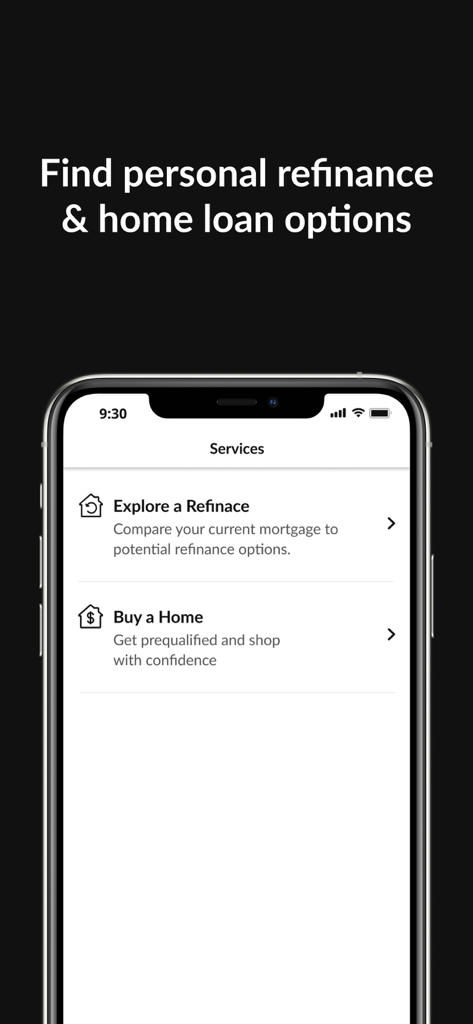 Mr. Cooper app interface showing mortgage refinance and home buying options.