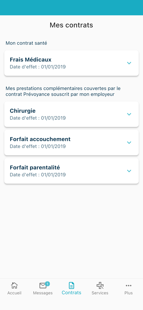 Tableau de bord de l'application mobile PRO BTP Santé affichant les contrats d'assurance maladie et les détails de couverture