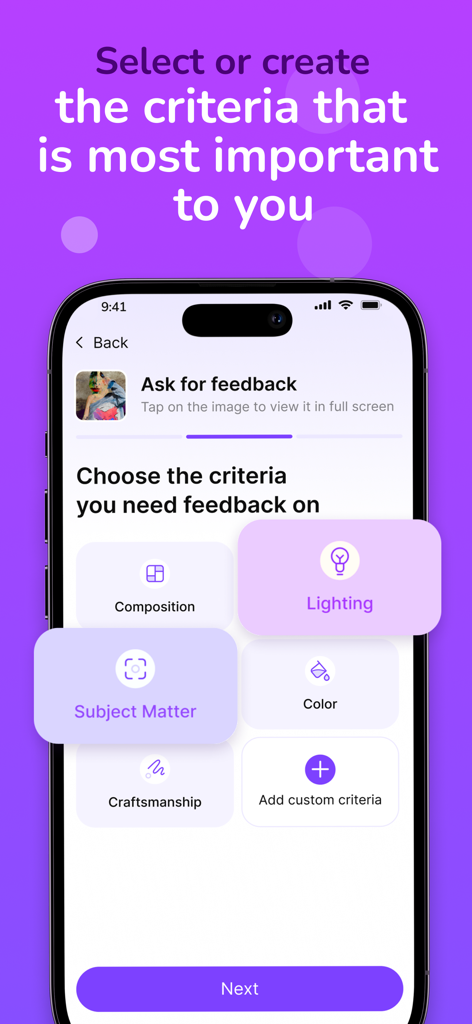 Palit - Artwork Showcase - A mobile interface in the Palit app where users select specific criteria for art feedback such as lighting and composition