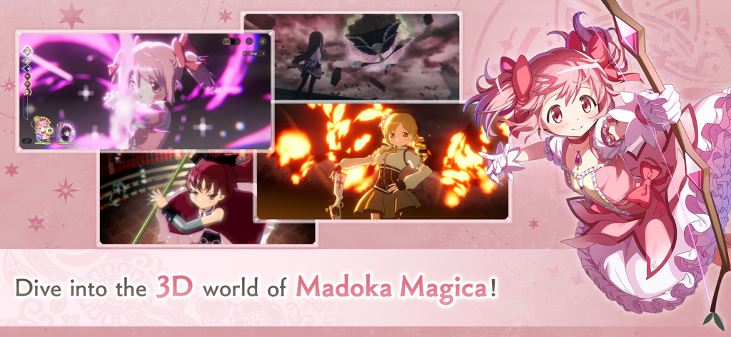 Madoka Magica Magia Exedra - Banner promocional de Madoka Magica Magia Exedra com Madoka Kaname e capturas de tela de jogabilidade cinematográfica em 3D