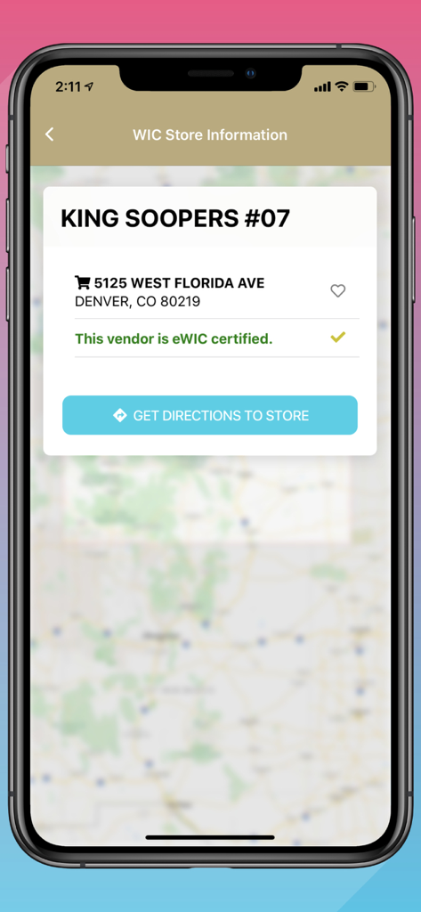 WICShopper app screen showing grocery store location details and eWIC certification status