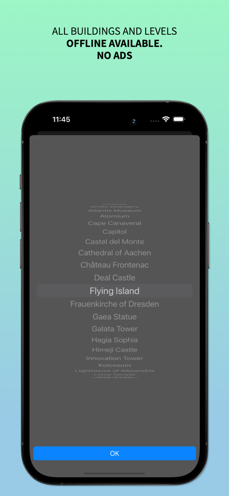 FOE Calculator - FOE Calculator app interface showing a selection list of Forge of Empires great buildings like Flying Island and Castel del Monte