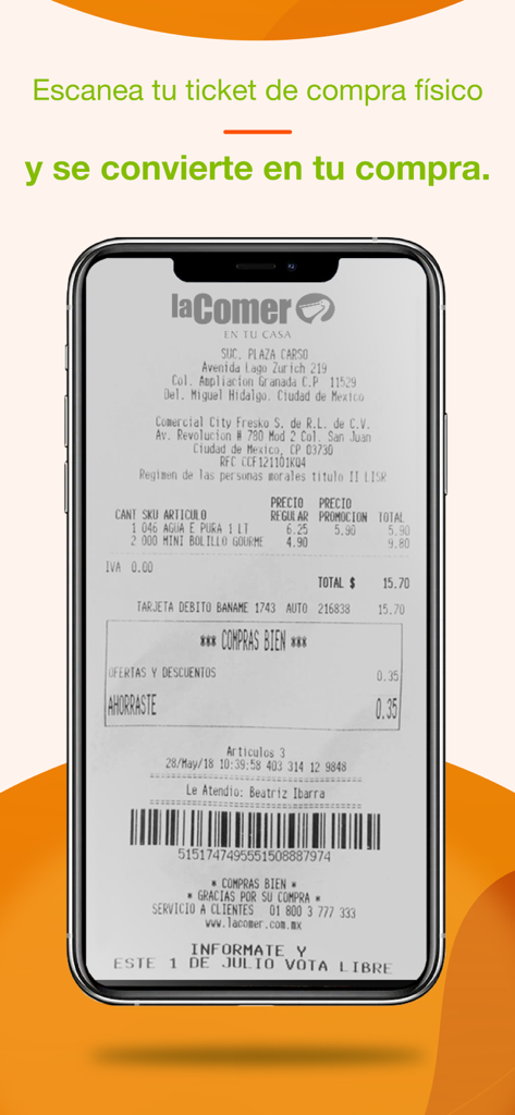 La Comer - A smartphone screen displaying a scanned physical receipt from La Comer supermarket.