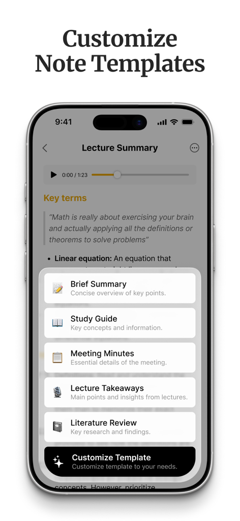 HyNote: AI Note Taker, Summary - HyNoteインターフェースに、短い要約、学習ガイド、会議議事録など、さまざまなAIノートテンプレートが表示されている様子