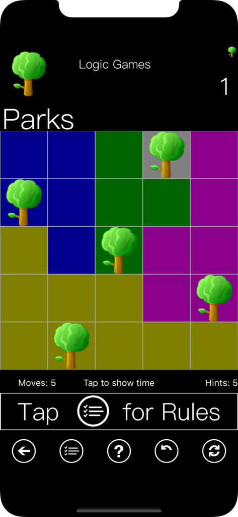 100 Logic Games - Time Killers - Gameplay screen of the Parks puzzle showing a colored grid with trees and game controls.
