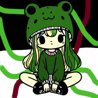 a girl wearing a frog hat and some frog socks
