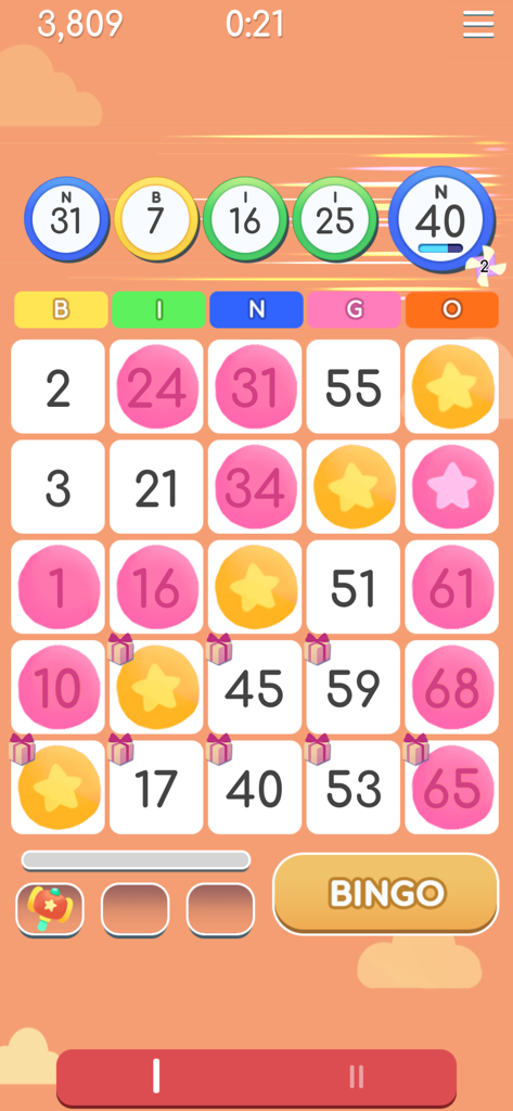A gameplay screenshot of Coverall Bingo showing a bingo card with marked numbers and star power ups