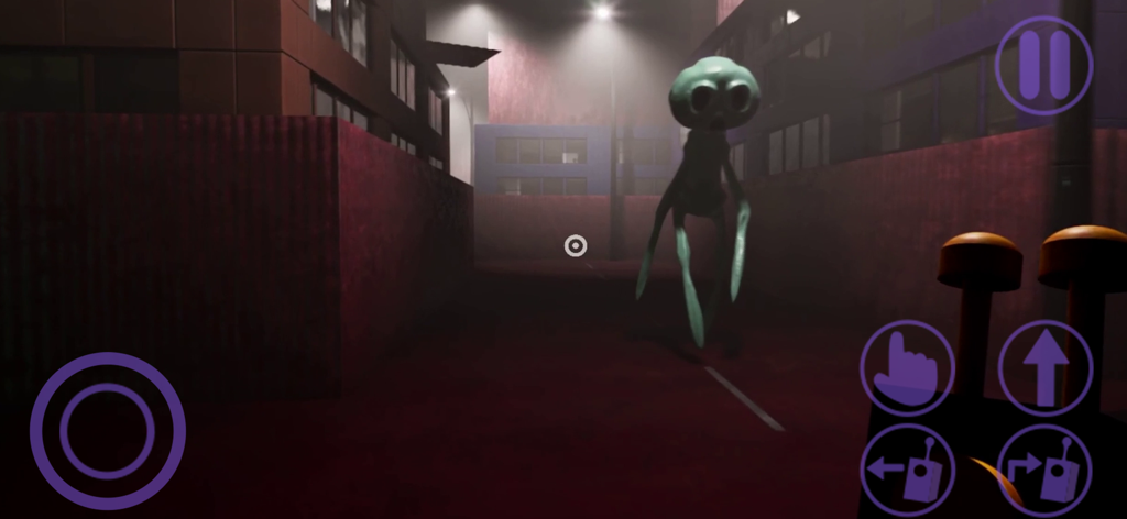 First person gameplay of Garten of Banban 7 featuring a tall green monster in a dark alley.