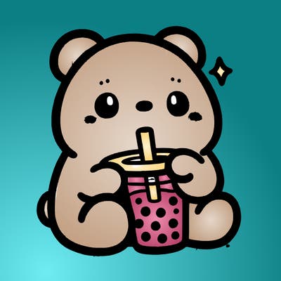 a cute bear drinking boba