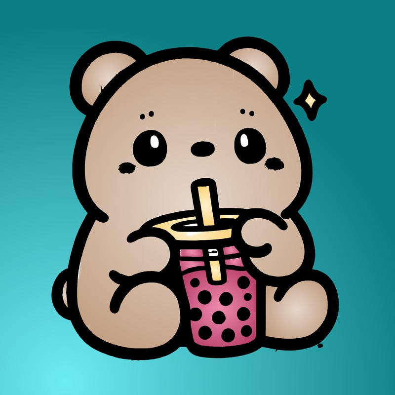 a cute bear drinking boba