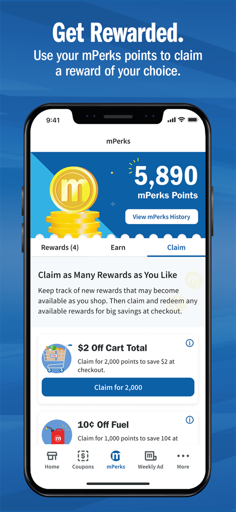 Meijer app mPerks rewards screen showing point balance and available discount offers