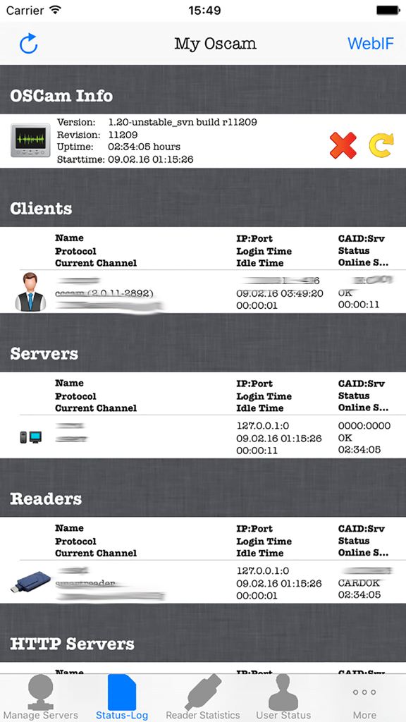 OSCam Viewer - Tableau de bord mobile OSCam Viewer montrant l'état du serveur, les clients et les lecteurs