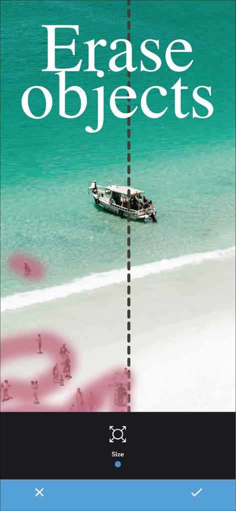 Eine Vorher-Nachher-Ansicht des Werkzeugs zum Entfernen von Objekten in Perfect Face, das Personen zeigt, die von einer Strandkulisse entfernt werden