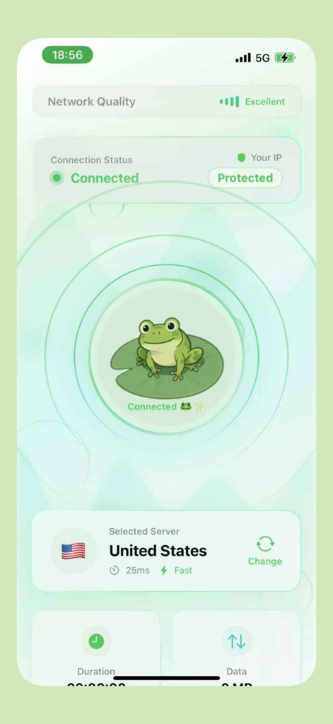 The VPN Cat 2026 app interface showing a protected connection to a United States server with excellent network quality.